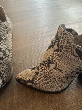 Vince Camuto Snake-Print Pointed Ankle Booties in Beige and Black
